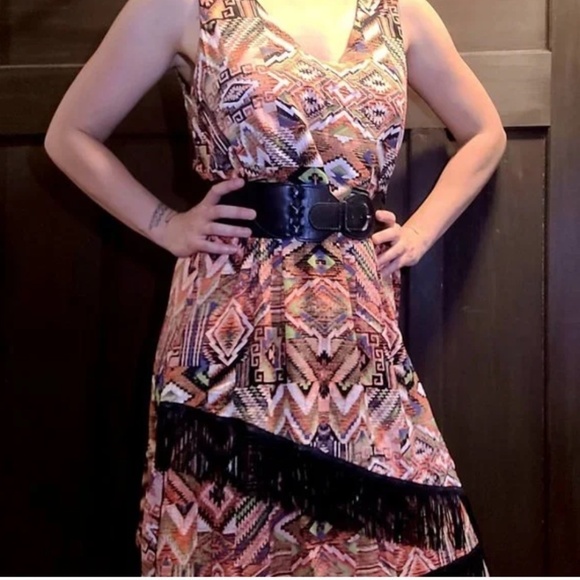 mblm Swing Dress Fringe Southwestern print Native Wrap Orange Black 4X - Picture 1 of 8